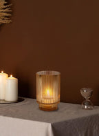 Serene Spaces Living Amber Ribbed Glass Votive Holder, Decorative Centerpiece for Wedding, Christmas, Thanksgiving, Party, Dining Table, Living Room, Home Décor, Measures 3.25" Diameter and 5" Tall