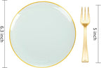 Festiva 200Pcs Pale Sage Green Gold Cake Plates 6.3" with Plastic Forks 5"- Disposable Salad Plates-Green Dessert Plates-Appetizer Plastic Plates - include 100Plates 100Forks for Party&Wedding&Easter