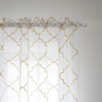 Sheer Curtains Gold 95 Inches Long, Rod Pocket Drapes for Living room, Bedroom, Embroidered Moroccan Tile Lattice Design Semi Crinkle Voile Curtain Panels for Patio, Villa, Parlor, Set of 2, 52"x95".