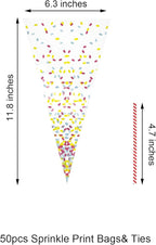 EKAPACKAGING 50Pcs 6.3x11.8 Inches Sprinkle Print Cone Shaped Treat Cellophane Bags Twist Tie Triangle Christmas Party Favor Cotton Candy Bags With Ties For Popcorn, Chocolates, Ice Cream Cone