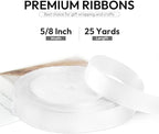 5/8 Inch 25 Yards Satin Ribbon White, Solid Color Fabric Ribbon for Gift Wrapping, Wedding, Polyester Gift Ribbon for Birthday Party Decoration, Craft, Hair, Floral, Sewing