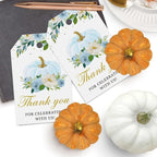 50 Pcs Pumpkin Gift Tags, Fall Theme Gift Tags with String, Thank You for Celebrating with Us Tags for Wedding Thanksgiving Birthday Baby Shower Party Favors (Color Blue)