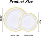100PCS White Plastic Plates Set with Gold Rim, 50 10.25 inch Heavy Duty Dinner Plate and 50 7.5 inch Dessert Appetizer Plates, Premium Disposable Plates for Party, Wedding, Birthday