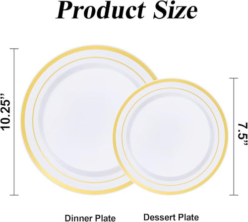 100PCS White Plastic Plates Set with Gold Rim, 50 10.25 inch Heavy Duty Dinner Plate and 50 7.5 inch Dessert Appetizer Plates, Premium Disposable Plates for Party, Wedding, Birthday