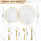 300PCS Clear Gold Plastic Plate Set (50 Guests), Disposable Dinnerware Set for Party, Wedding, Birthday - 100 Plates, 100 Forks, 50 Spoons, 50 Knives for Christmas, Thanksgiving