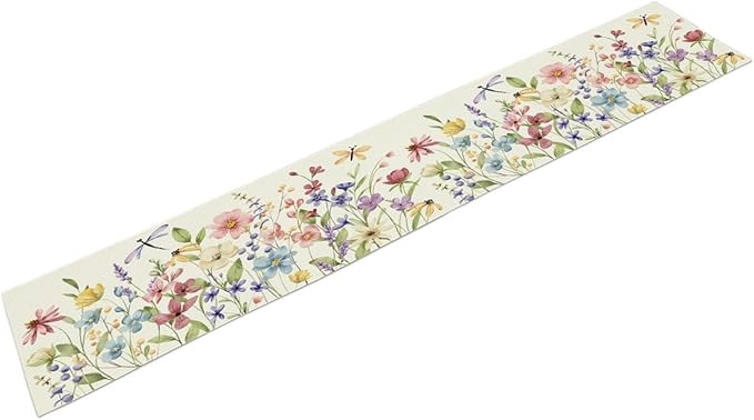 Watercolor Floral Table Runner, Colorful Spring Summer Nature Flower Dragonfly Pattern Print Table Runner for Kitchen Dinning Table Runner Decor Home Wedding Party Holiday, 13x70 Inch