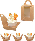 Bakepacker Auto-pop up Individual Cupcake Boxes with Window 25 Count Brown Single Cupcakes Box 3.6 x 3.6 x 4.3inch Cupcake Carrier