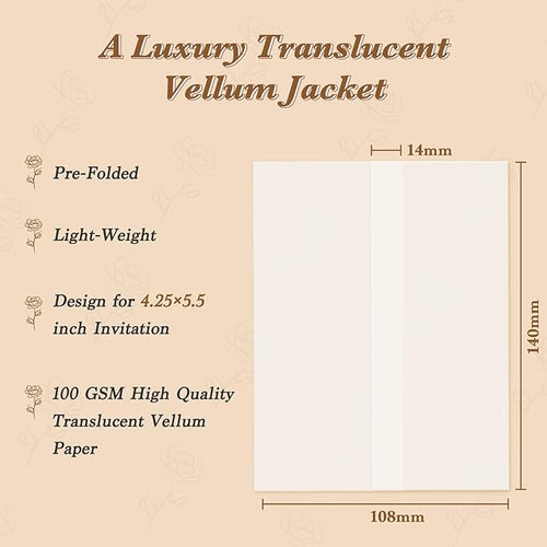 120 Pack Pre-Folded Vellum Jackets for 4.25x5.5 Invitations, Translucent Vellum Paper 4.25x5.5 Jackets, 100GSM Wedding Invitations Wraps, Envelope Liners for Birthdays, Baby Showers