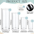 Set of 4 Pcs Glass Cylinder Vases for Centerpieces with 6 Pcs White Floating Candles for Centerpieces Glass Candle Holder for Table Shelf Wedding Party Home Decor (S+M+L+XL)