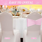 Moukeren 100 Pcs Spandex Chair Sashes Bows Chair Bands Slider Sashes for Chair Covers Elastic Chair Bands Ties Ribbon Chair Decorations for Wedding Party Events Ceremony Birthday Banquet(Light Pink)