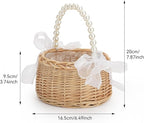 Wicker Rattan Flower Girl Basket Rustic Wedding Flower Girl Basket with Pearl Handle Small Flower Basket for Flower Girl Fairy Wedding Basket Handwoven Easter Baskets for Boys Girls Wedding (1 Pcs)