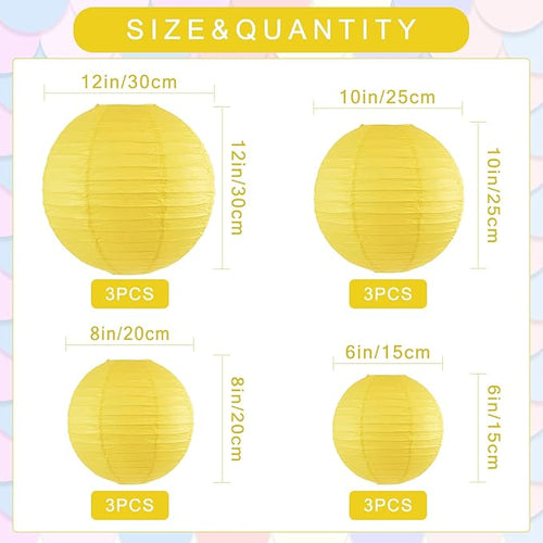 12Pcs Round Paper Lanterns Assorted Sizes (6" 8" 10" 12") for Home Decor, Restaurant, Church, Wedding, Birthday Party Decorations, Hanging Chinese Japanese Paper Lantern Lamps (Yellow)
