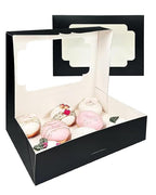 qiqee Auto-pop up Black Cookie Box with Window 12x8x2.5 inch 18 Packs Two Uses One Second Folding Pastry Biscuit Bakery Box for Packaging