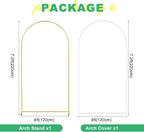 Metal Arch Backdrop Stand and Cover Set, 7.2FT White Reusable Spandex Fitted Backdrop Cover and Gold Wedding Arch Frame for Baby Shower, Birthday, Parties Decoration.
