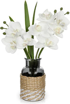 White Orchids Artificial Flowers with Vase, Small Faux Orchid Arrangement Fake Flower in Woven Glass Vase Black and White Decor Small White Centerpieces for Kitchen Dining Room Tables Bathroom Decor