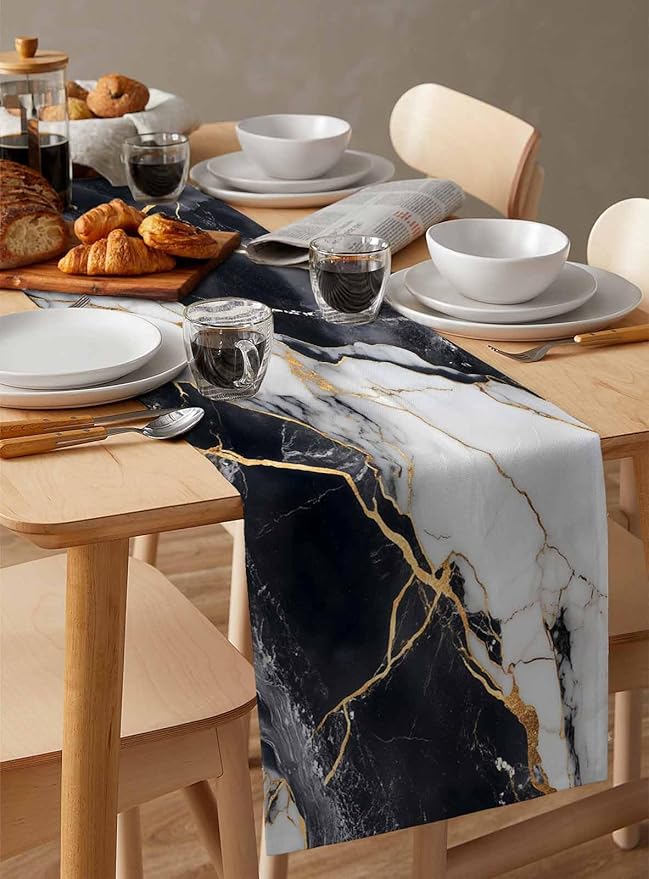 Black White Marble Cotton Linen Table Runner for Dining Kitchen, Wedding Outdoor Party Tablerunners Decoration, Nature Marble Crack Modern Art Dresser Scarf Coffee Tablecloth Runners 13x120 Inches