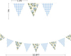 32Ft Blue Flora Party Decorations Blue Gingham HydrangeaTriangle Flag Fabric Banner Pennant Garland Streamer for Flora Birthday Vintage Flower Baby Shower Wedding Tea Party Garden Decor Supplies