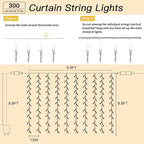 300 LED Curtain String Lights 9.8FT Plug in Fairy Lights with Timer and 8 Modes, Waterproof Window Wall Lights for Bedroom Wedding Party Indoor Outdoor Christmas Decor