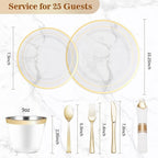 BESTVIP 175PCS Clear Gold Plastic Dinnerware Set, Disposable Party Plates for 25 Guests, Include: 50 Plastic Plates, 25 Pre Rolled Napkins with Silverware, 25 Cups for Christmas, Halloween