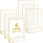 Floroom 6 Pack 8.5x11 Inch Clear Acrylic Sign Holders, Double-Sided Gold Display Stand Picture Frames for Table Numbers, Menus, Flyers, Weddings, and Offices