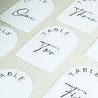 JINMURY White Arch Wedding Table Numbers 1-15 with Stands, 5x7 Inch Acrylic Arch Sign with Black Lettering, White Acrylic Table Numbers for Wedding Reception