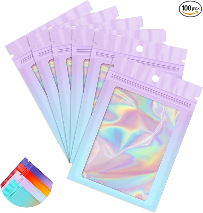 Funfery 100 Pack Holographic Bags,Resealable Bags with Zipper,Clear Window Packaging Pouch,Foil Bag for Food Storage,Sample Jewelry Bag(4.7×7In,Purple Blue)