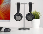 Double Headphones Stand, Aluminum Alloy Desk 3 Headsets Holder Supporting Desktop Earphone Hanger Mount Storage Rack with Heavy Base for Home and Office Display Spacegrey