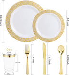 WELLIFE 175 PCS Gold Plastic Plates, Gold Rim Plastic Dinnerware Set, Includes: 25 Dinner plates, 25 Salad Plates, 25 Tumblers 9oz, 50 Forks, 25 Knives and 25 Spoons for Party
