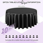 10 Packs Satin Tablecloth 120 Inch Black Round Table Cloth Silk Tablecloth Smooth Fabric Overlay Satin Table Cover Decoration for Wedding Party Banquet Events