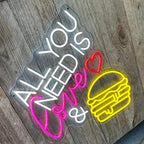 All You Need Is Love & Burger Custom Hamburger Fast Food LED Neon Sign Night Light Home Wall Decor Coffee Shop Bar Restaurant Welcome Sign Size:20x17inches