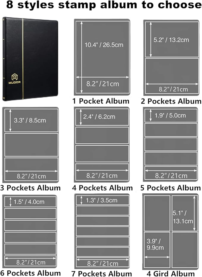 MUDOR Stamp Collecting Album, 7 Rows Pockets Stamp Book for Collectors, 10 Sheets Stamp Stockbook