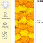 Marigold Garland for Diwali Decorations Pack of 5 - Marigold Artificial Flowers, Indian Marigold Flower Garland for Diwali Decorations (Light Orange Light Yellow | 4 to 4.5 ft) Hashcart®