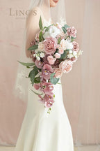 Ling's moment Dusty Rose Bridal Bouquet Cascading, Pink Wedding Bouquets for Bride, 15 Inch Bride Bouquet Orchids Artificial Wedding Flower Bouquet