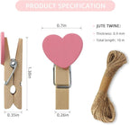80 Pieces Wooden Heart Clothespins Mini Heart Photo Clips Colorful Small Clothes Pins for Crafts Picture Paper Hanging Natural Wooden Clothespins with Jute Twine for Wedding Party Photos Display