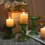 6-Piece Set of Green Glass Candlestick, Crystal Candlestick Holder Holder and Conical Candle, Christmas Candle Holder Decoration, Family Living Room Wedding Candle Holder (green2sets)