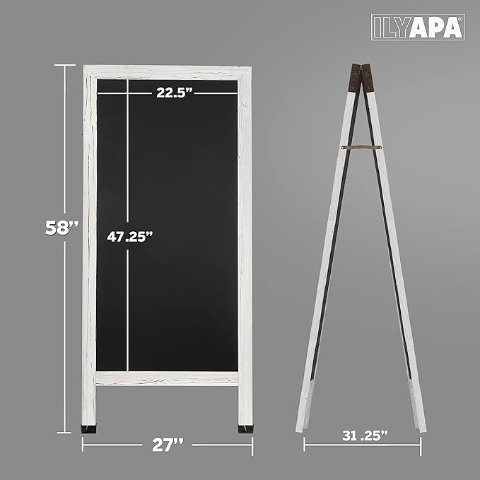 Ilyapa A-Frame Chalkboard Sidewalk Sign - 58 x 27 inches, Folding Standing Sandwich Sign – White Menu Display for Restaurant, Business, or Weddings
