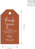 Andaz Press 100-Pack Personalized Thank You for Celebrating with Us Wedding Favor Tags with Bakers Twine Terracotta Line Design Custom Cardstock Wedding Gift Tags for Party Favors 2 x 3.75-Inches