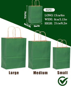 qiqee 50-Packs Gift Bag with Handles Bulk Kraft Deep Green Paper Bags Multiple Uses (8.3"x3"x6"inch Small Size)
