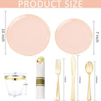 KIRE 175PCS Pink Plates Disposable - Heavy Duty Pink and Gold Plastic Plates Dinnerware Sets - 25 for Dinner 25 for Dessert 25 Pre Rolled Napkins 25Cups for Birthday Party/Wedding
