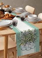 Eucalyptus Cotton Linen Table Runner for Dining Kitchen, Wedding Outdoor Party Tablerunners Decoration, Green Leaves Botanical Plants Watercolor Dresser Scarf Coffee Tablecloth Runners 13x108 Inches
