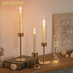 NUPTIO Hurricane Candlestick Holders for Centerpiece: Gold Taper Candles Stick Holders with Clear Glass Chimney - Tall Candleholder Set of 3 for Birthday Party Outdoor Decor