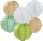 Olive-Sage Green-Boho Party-Decorations Streamers-Lanterns - 14pcs Baby Bridal Shower Wedding Paper Fan, Eucalyptus Wild Safari Jungle Birthday Tissue Pom Poms, Honeycomb Balls Decor Lasting Surprise