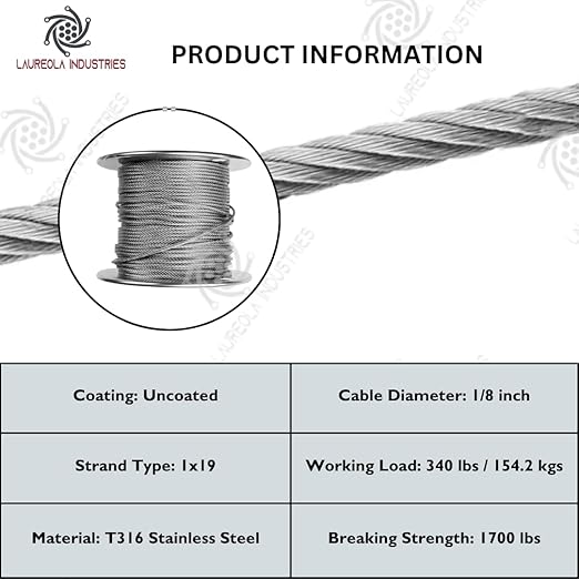 Laureola 1/8" Type-1x19 Grade-316 Stainless Steel Cable Railing Wire Rope - 800ft