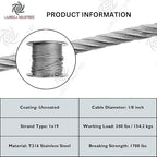 Laureola 1/8" Type-1x19 Grade-316 Stainless Steel Cable Railing Wire Rope - 600ft