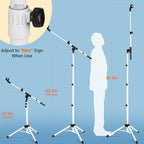 CAHAYA Microphone Stand Tripod Boom Arm Floor Mic Stand with Carrying Bag and 2 Mic Clips for Singing Performance Wedding Stage and Mic Mount White