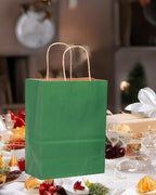 qiqee 50-Packs Kraft Deep Green Paper Gift Bags with Handles Bulk 11"x8.3"x4.3" Medium Size Paper Bags Multiple Uses