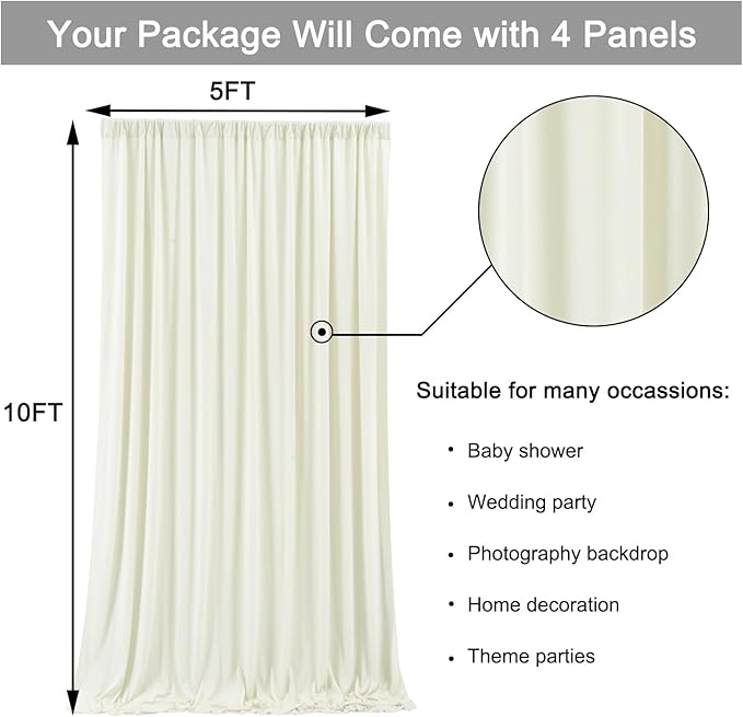 20 ft x 10 ft Wrinkle Free Ivory Backdrop Curtain for Wedding Parties, Polyester Ivory Photo Backdrop Drapes 4 Panels 5x10ft for Baby Shower Photoshoot Engagement Birthday Party Photography Background