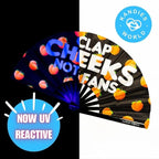 Kandies World UV Reactive Custom Festival Folding Hand Fan - Unique Designs, Bamboo, Clacking Sound, Lightweight - Perfect Rave and Festival Accessory! (Clap cheeks not fan)