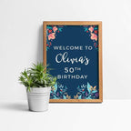 Andaz Press Personalized Extra Large Birthday Easel Board Party Sign, 12x18-inch, Vintage Bohemian Flowers on Navy Blue, Welcome to Olivia's 50th Birthday, 1-Pack, Custom Name Age