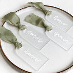 50Pcs Acrylic Place Card for Wedding Frosting Acrylic DIY Table Seating Cards Wedding Supplies with Green Ribbon